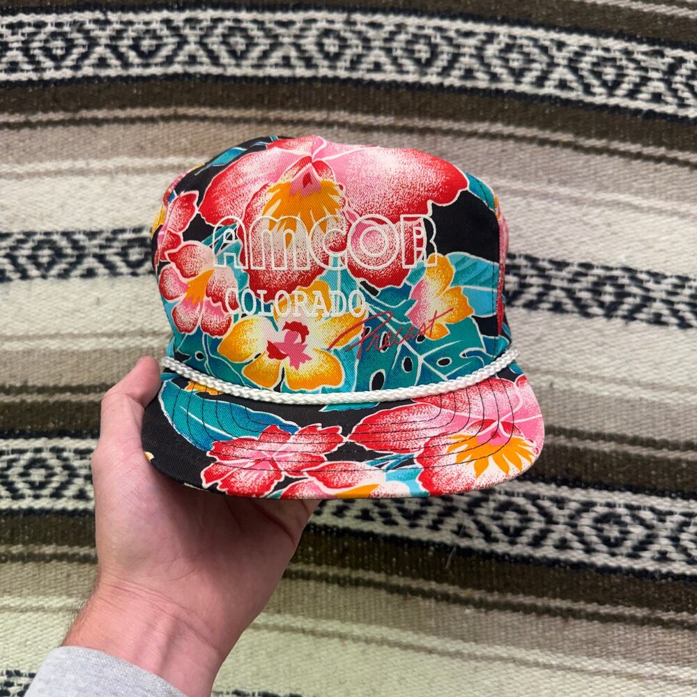 Vintage 80's Amcor Colorado Precast Black Floral Hawaiian Snapback Hat Cap VTG
